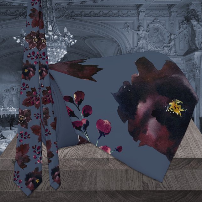 Dusty Navy Blue Burgundy Bordeaux Floral Wedding Krawatte (Von Creator hochgeladen)