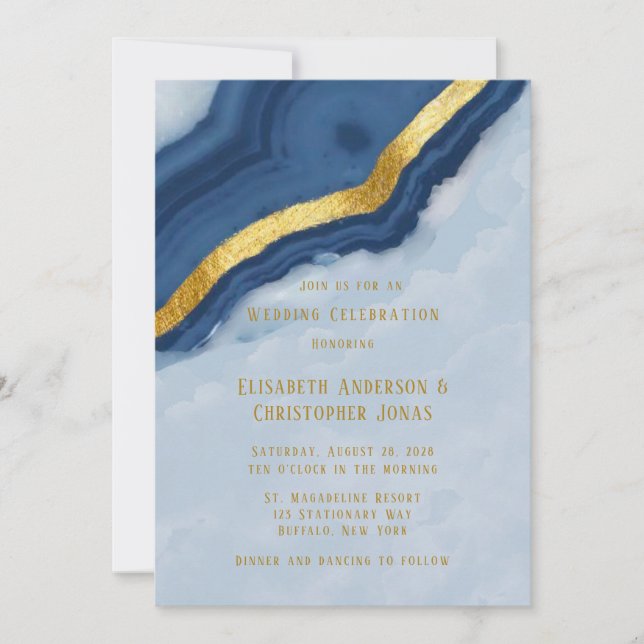Dusty Navy Blue & Gold Agate Wedding Einladung (Vorderseite)