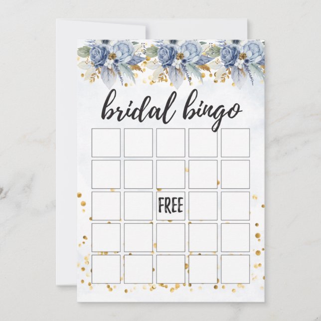 Dusty Navy Blue Gold Peony Bridal Bingo Einladung (Vorderseite)