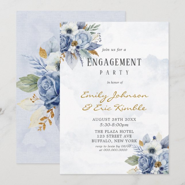 Dusty Navy Blue Gold Peony Engagement Party Einladung (Vorne/Hinten)