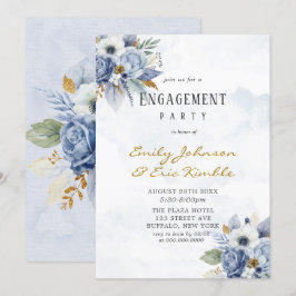 Dusty Navy Blue Gold Peony Engagement Party Einladung