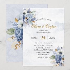 Dusty Navy Blue Gold Peony Watercolor Chic Wedding Einladung