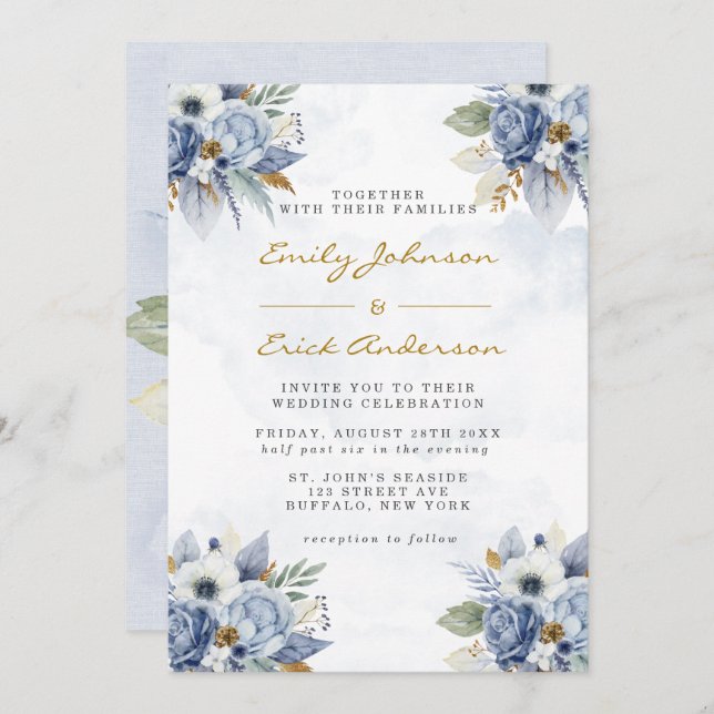 Dusty Navy Blue Gold Watercolor Peony Chic Wedding Einladung (Vorne/Hinten)