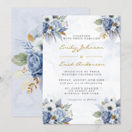Dusty Navy Blue Gold Watercolor Peony Chic Wedding Einladung