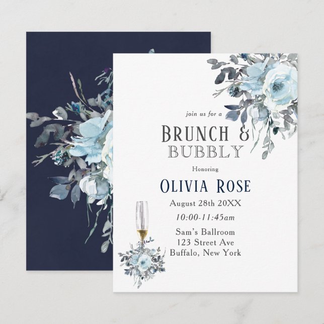 Dusty Navy Blue Peony Brunch & Bubbly Einladung (Vorne/Hinten)