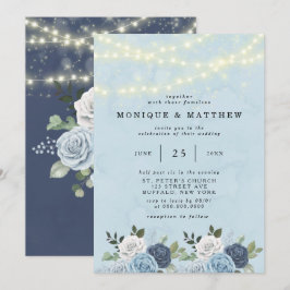 Dusty Navy Blue Peony Country Lights Hochzeit Einladung