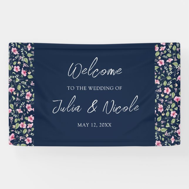 Dusty Navy Blue Pink Hibiskus Bloom Polterabend Banner (Horizontal)