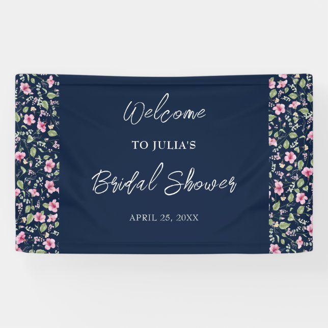 Dusty Navy Blue Pink Hibiskus Bloom Polterabend Banner (Horizontal)