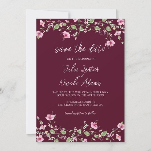Dusty Navy Blue Pink Hibiskus Bloom Polterabend Save The Date (Vorderseite)