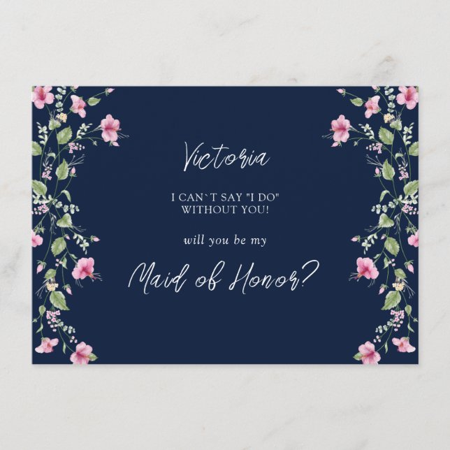 Dusty Navy Blue Pink Hibiskus Bridesmaid Card Menükarte (Vorderseite)