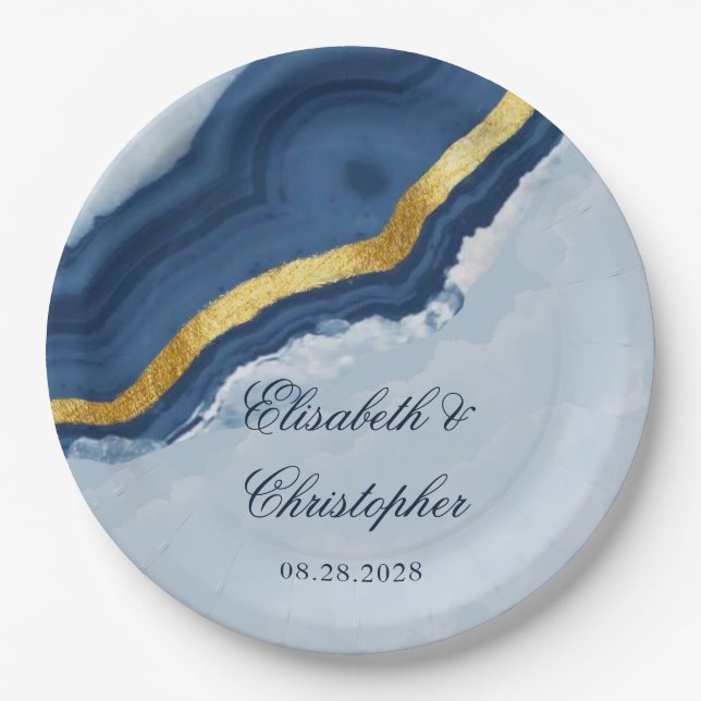 Dusty Navy Blue und Gold Agate Wedding Pappteller (Vorderseite)