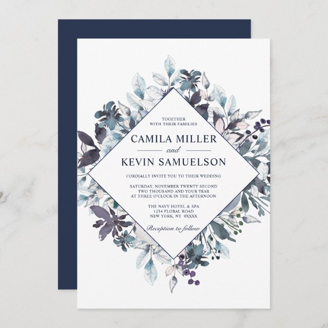 Dusty Navy Blue Watercolor Floral Wedding Einladung (Vorne/Hinten)