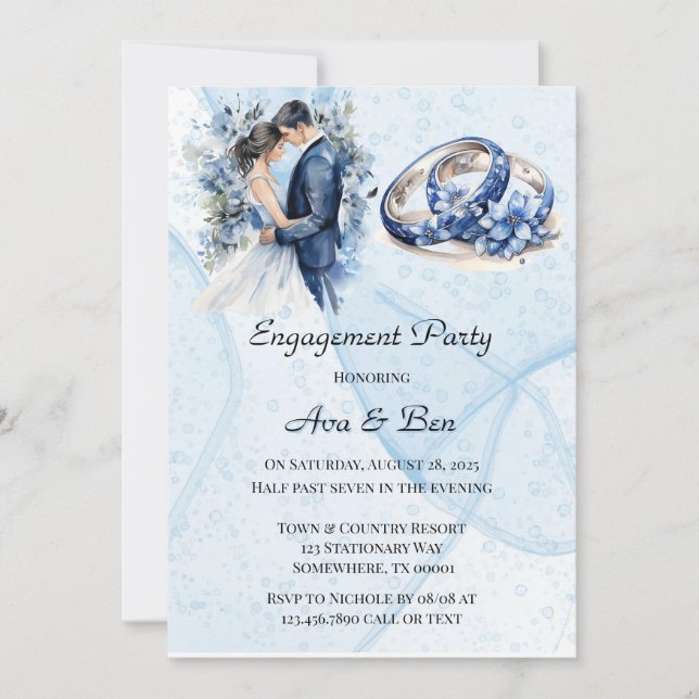 Dusty Navy Ink Floral Rings Engagement Party Einladung (Vorderseite)