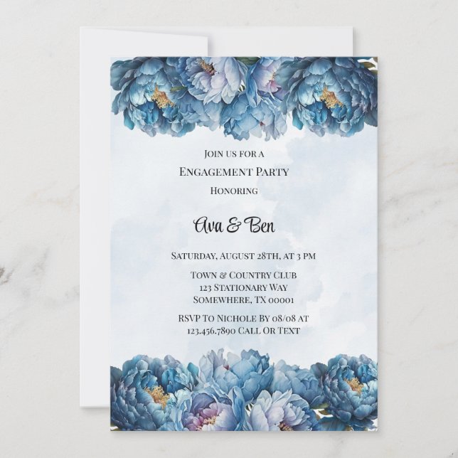 Dusty Navy Paint Peony Engagement Party Einladung (Vorderseite)