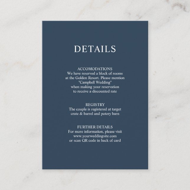 Dusty Navy QR Code Wedding DETAILS Begleitkarte (Vorderseite)