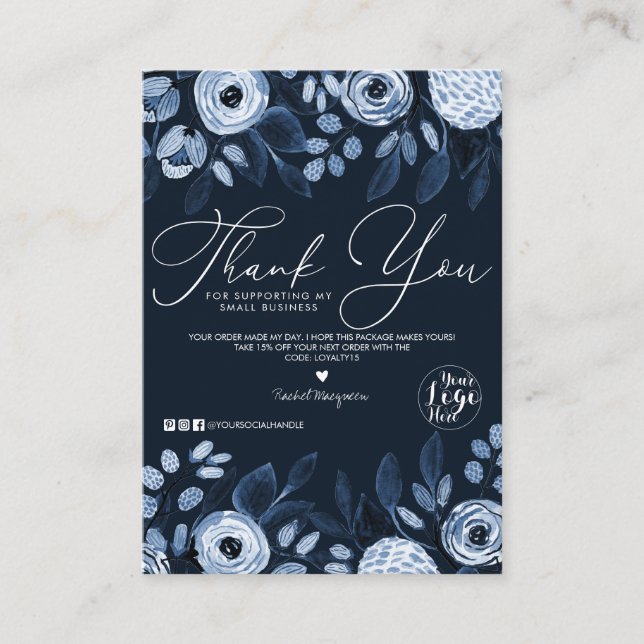 Dusty Navy Wasserfarbe Blumenkunde Vielen Dank Visitenkarte (Vorderseite)