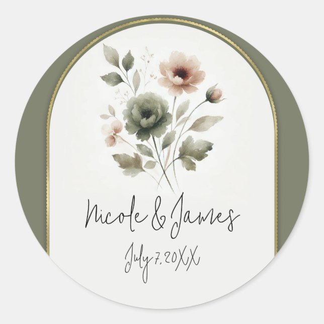 Dusty Olive Pink & Gold Aquarellfarben Runder Aufkleber (Vorderseite)