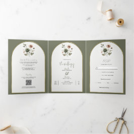 Dusty Olive Pink & Gold Blumenzwiebeln Dreifach Gefaltete Einladung