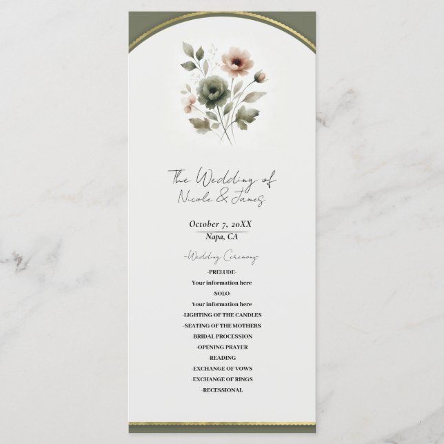 Dusty Olive Pink & Gold Blumenzwiebeln Programm (Vorderseite)