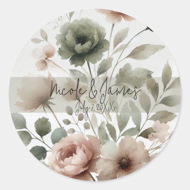 Dusty Olive & Pink Watercolor Floral Wedding Runder Aufkleber