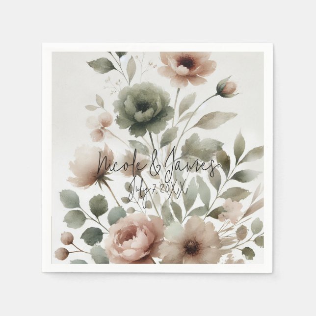 Dusty Olive & Pink Watercolor Floral Wedding Serviette (Vorderseite)