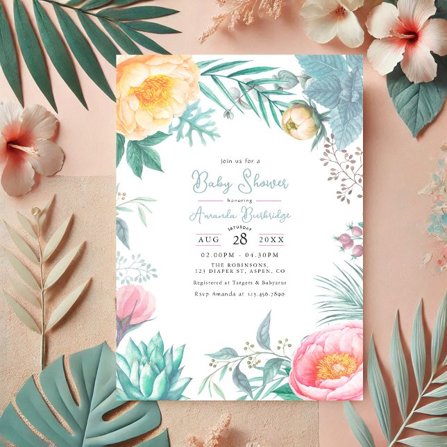 Dusty Pastel Tropical Floral Summer Baby Dusche Einladung (Dusty Pastel Tropical Floral Summer Baby Shower Invitation)