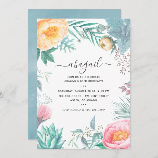 Dusty Pastel Tropical Floral Summer Birthday Party Einladung (Vorne/Hinten)