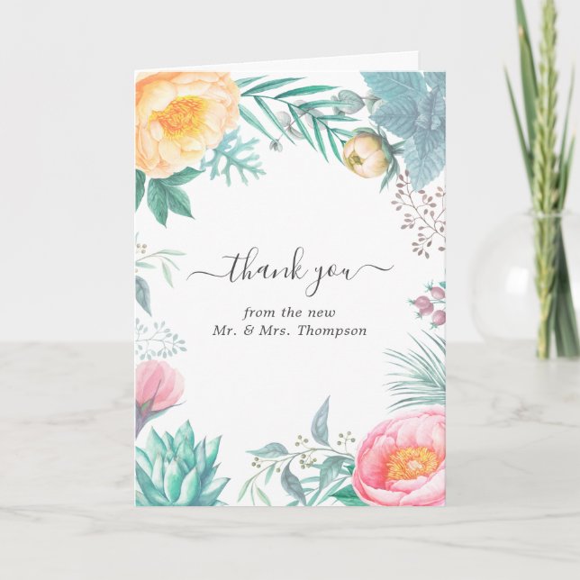 Dusty Pastel Tropical Floral Summer Wedding Foto Dankeskarte (Vorderseite)