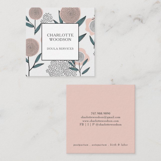 Dusty Peach floral Doula Magnetic Business Card Quadratische Visitenkarte (Vorne/Hinten)