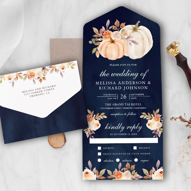 Dusty Peach Floral Pumpkin Navy Blue Wedding All In One Einladung (Von Creator hochgeladen)