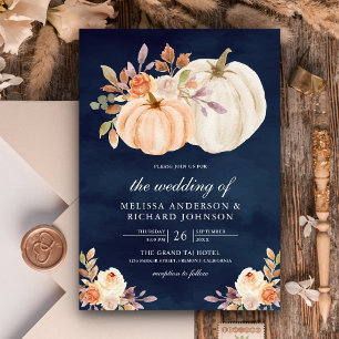 Dusty Peach Floral Pumpkin Navy Blue Wedding Einladung