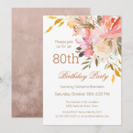 Dusty Peach Watercolor Floral 80. Geburtstagsparty Einladung