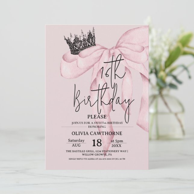 Dusty Pink 16th Birthday ⎮Modern Bow Sweet 16 Einladung (Stehend Vorderseite)