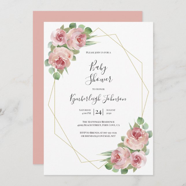 Dusty Pink Aquarelldusche Geometrische Babydusche Einladung (Vorne/Hinten)