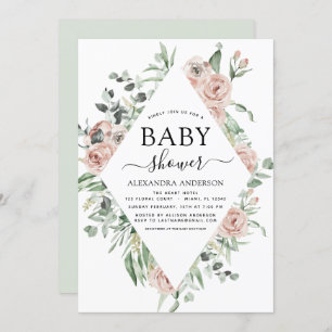 Dusty Pink Baby Dusche Blumengrün Einladung