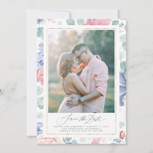 Dusty Pink Blue Floral Save the Date Foto Card Einladung (Vorderseite)