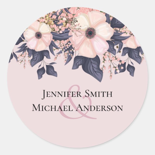 Dusty Pink Blue Floral Wedding Budget Runder Aufkleber (Vorderseite)