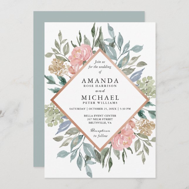Dusty Pink Blue Green Rustic Wild Floral Wedding Einladung (Vorne/Hinten)