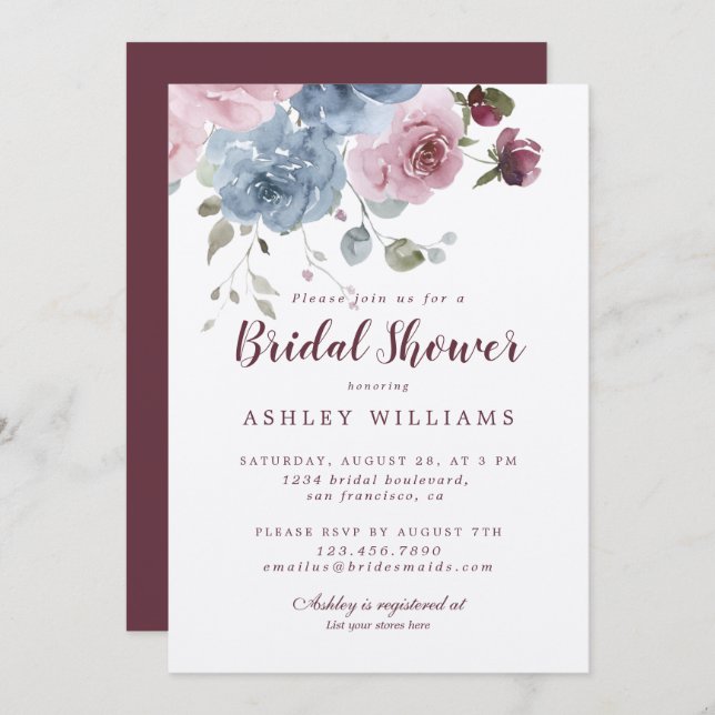 Dusty Pink Blue Rose Burgundy Brautparty Einladung (Vorne/Hinten)