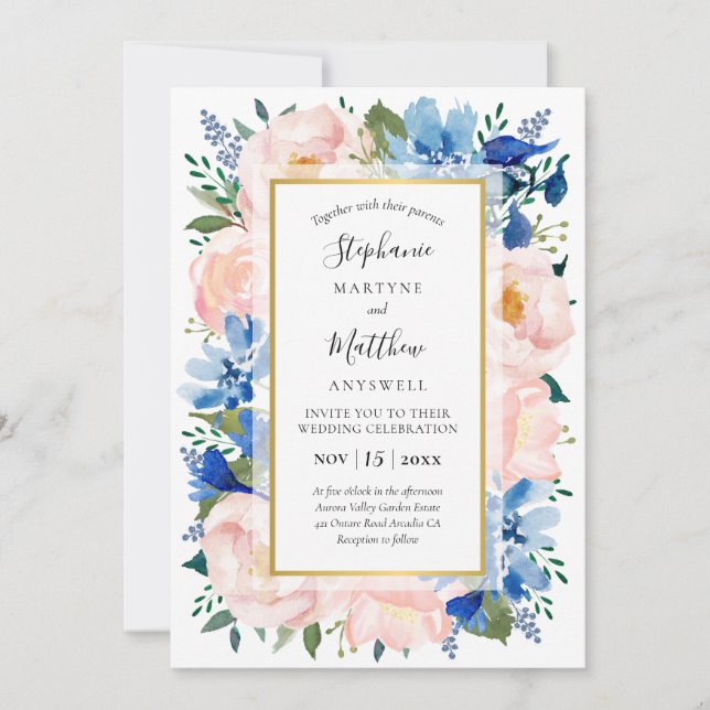 Dusty Pink Blue Watercolor Floral Gold Wedding Einladung (Vorderseite)