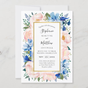 Dusty Pink Blue Watercolor Floral Gold Wedding Einladung