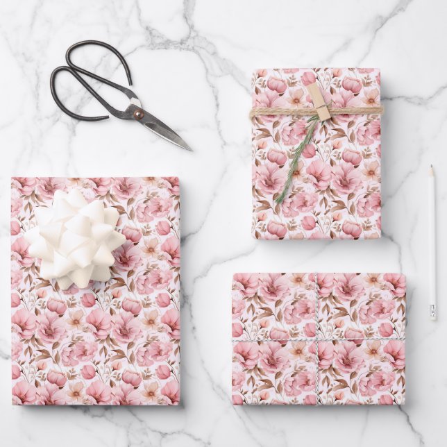 Dusty Pink Blume auf Weiß Geschenkpapier Set (Vorderseite)