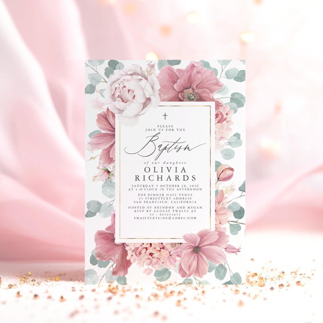 Dusty Pink Blume Elegante Girls Taufe Einladung (Pink Floral Baptism Invitation)