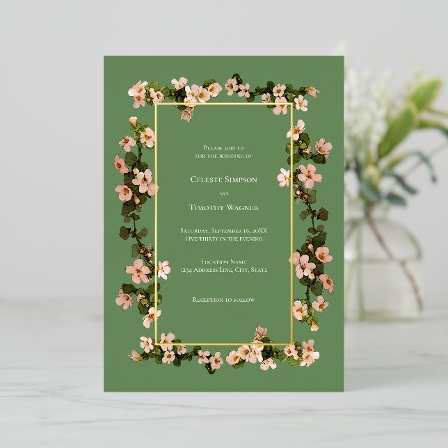 Dusty Pink Blume - Sage - Foil Frame Wedding Folieneinladung (Stehend vorne)