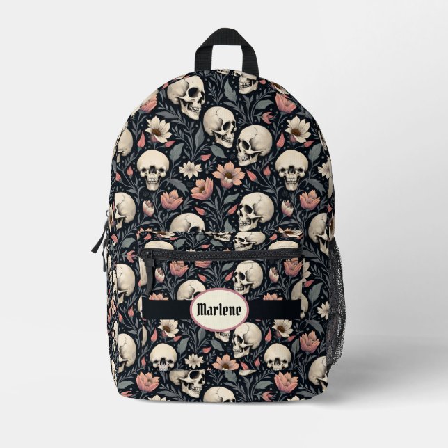 Dusty Pink Blume und Skulls Bedruckter Rucksack (Vorderseite)