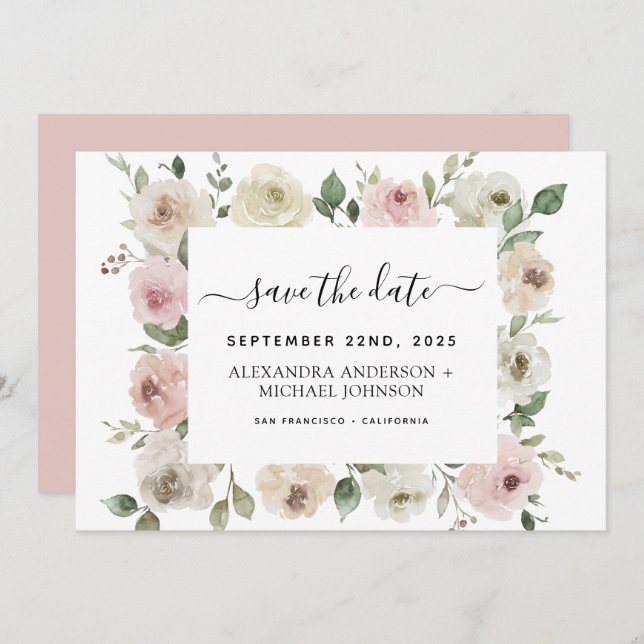 Dusty Pink Blumengrün Save the Date Invitati Einladung (Vorne/Hinten)