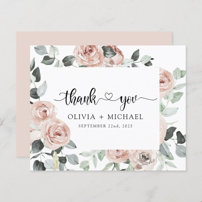 Dusty Pink Blumengrün Vielen Dank für Ihre Einladu (Vorne/Hinten)