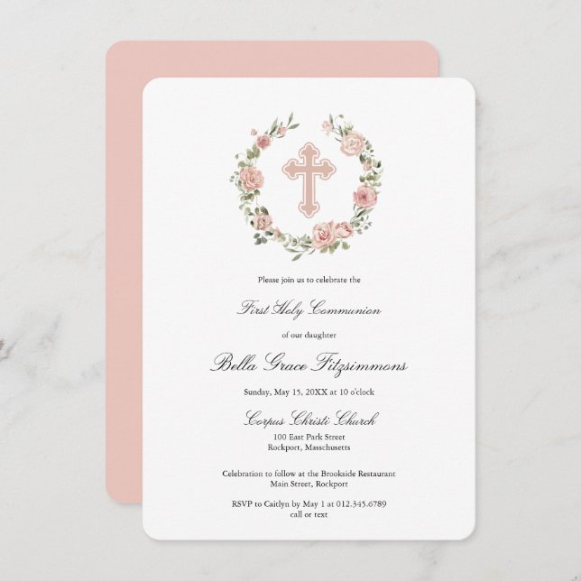 Dusty Pink Blumenkreuz Erste Kommune Einladung (Vorne/Hinten)