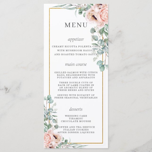 Dusty Pink Blush Rose Poppy Floral Wedding Menu Programm (Vorderseite)