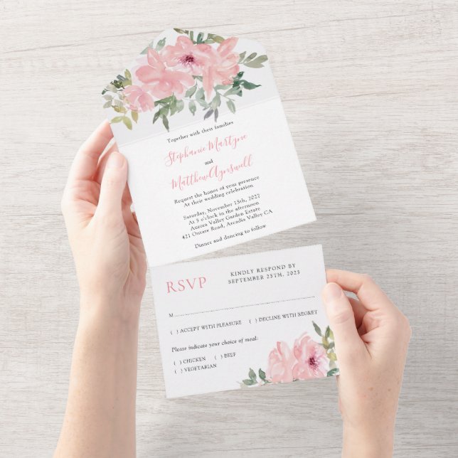 Dusty Pink Blush Wasserfarbe Rose Hochzeit All In One Einladung (Abreißen)